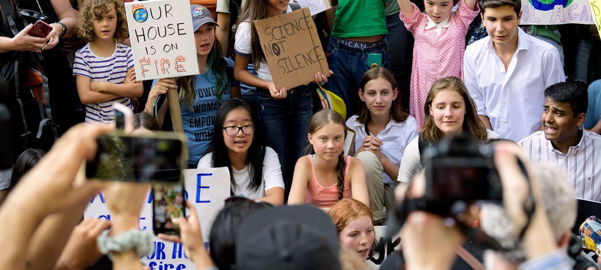 UN Photo/Manuel Elías Greta Thunberg (centre), 16-year-old climate activist from Sweden, joins young climate activists in a FridaysForFuture protest in front of the UN Headquarters on 30 August 2019.